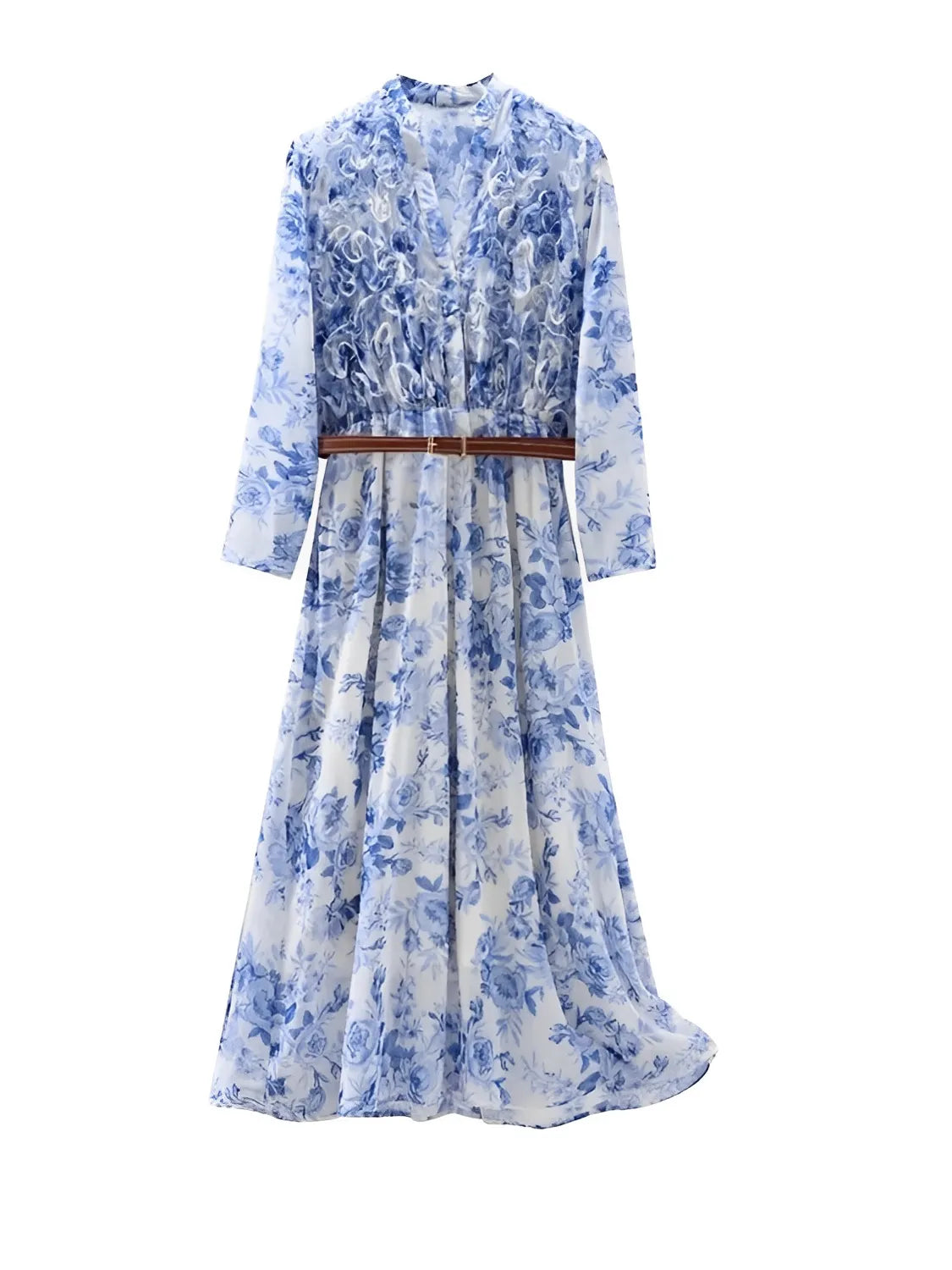 Vestido Feminino Midi Floral Azul em Chiffon com Aplique de Flores e Decote V - Sara
