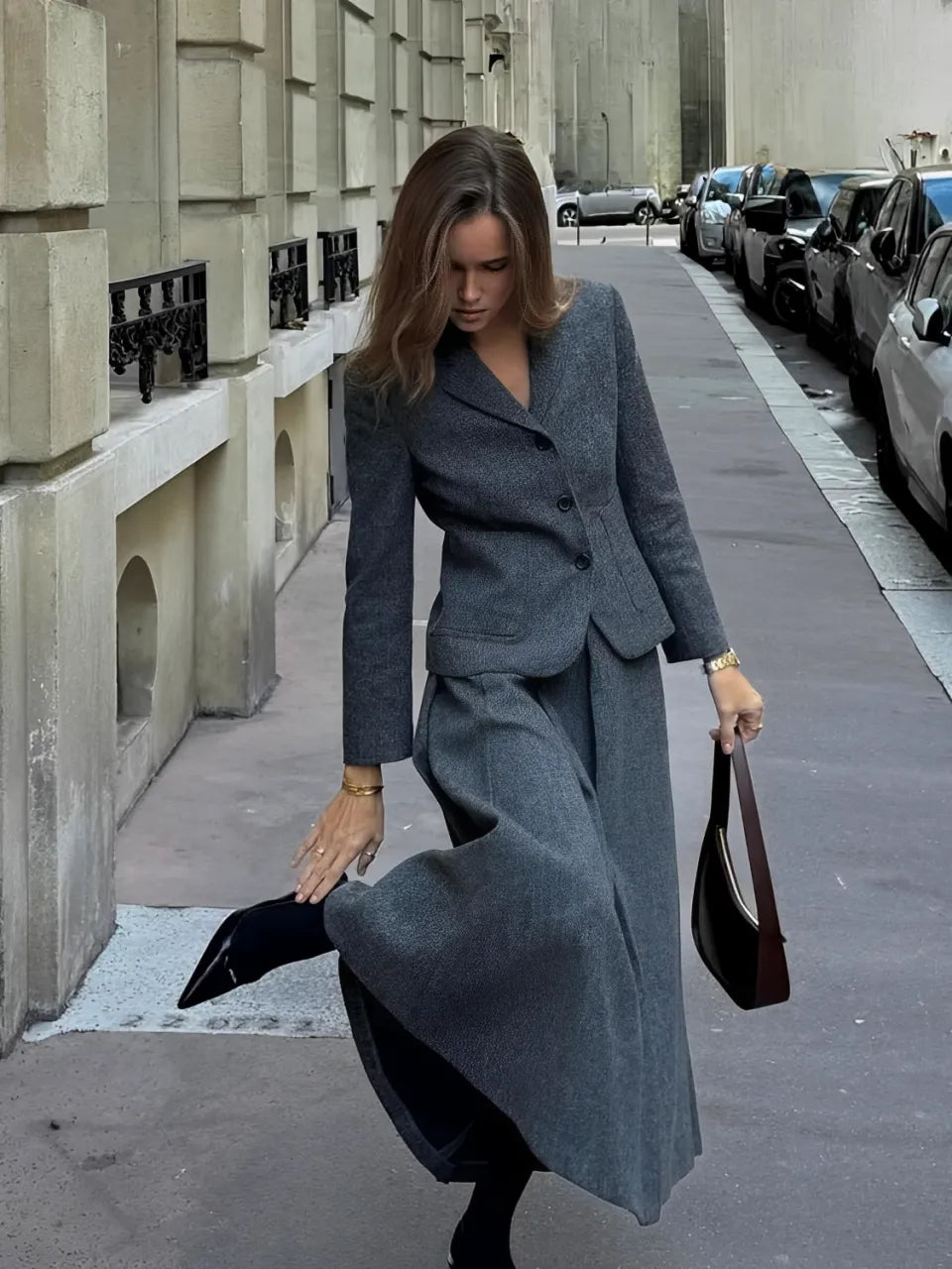 Conjunto Feminino de Blazer com Colarinho e Saia Midi em Lã Batida - Anastacia