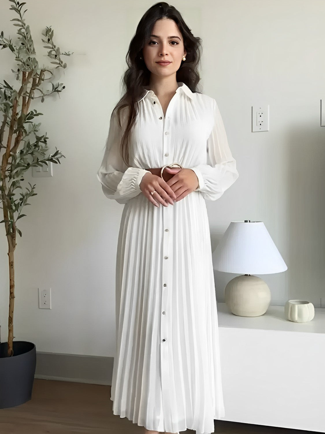 Vestido Feminino Chemise Midi Plissado com Botões - Fleur