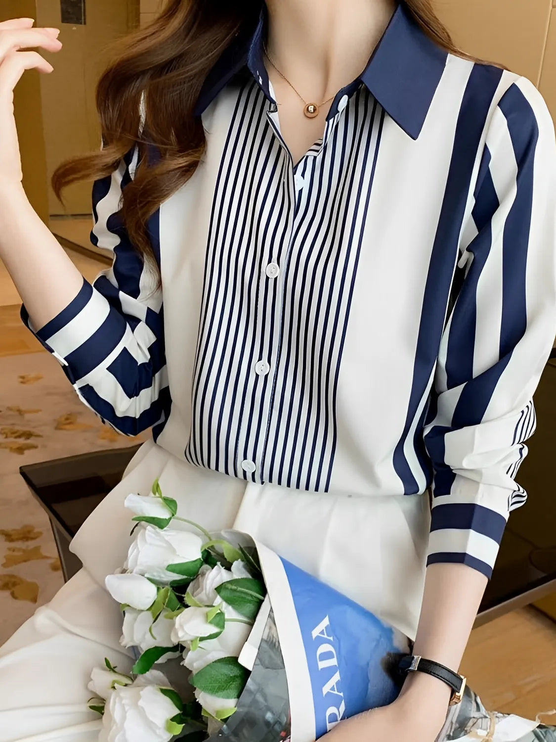 Camisa Feminina Listrada Elegante Casual - Rachel