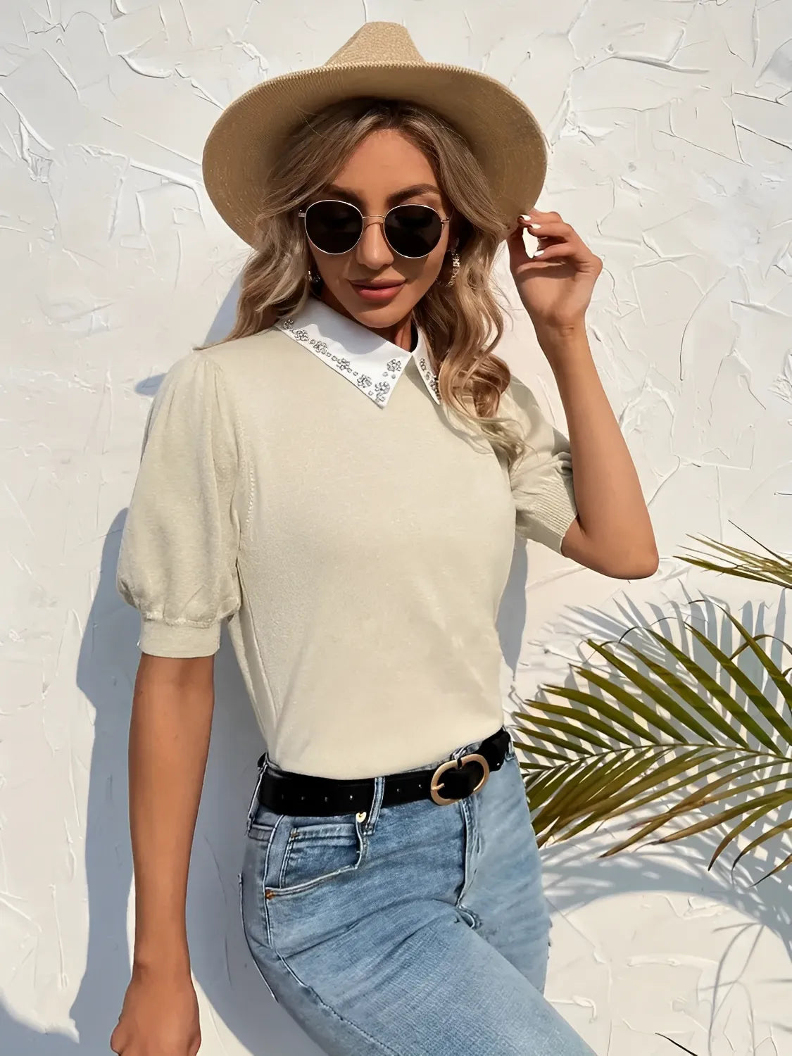 Blusa Feminina Gola Polo Bordada Mangas Bufantes - Laura