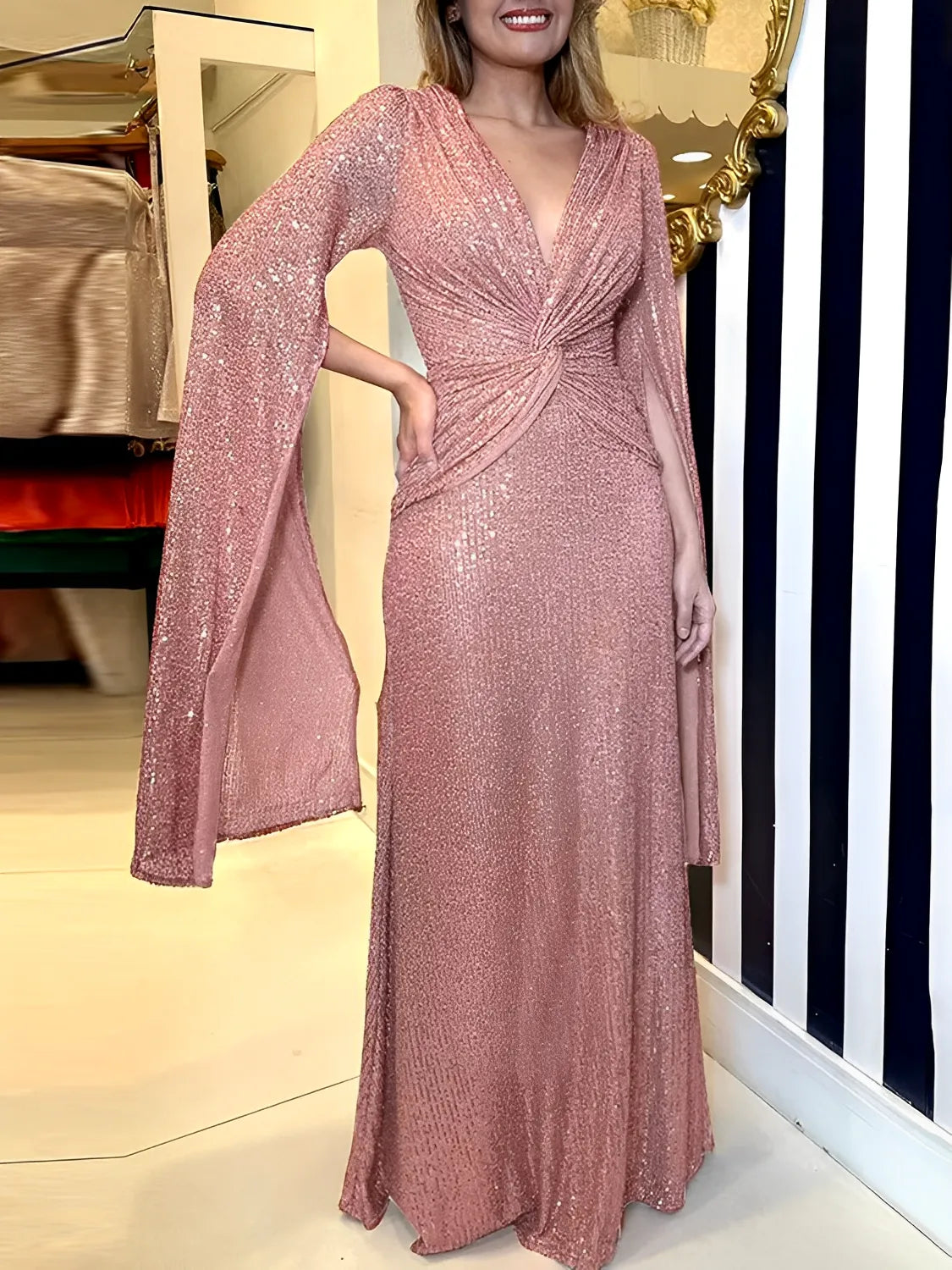 Vestido Feminino Longo de Festa Paêtes Decote em V e Nó na Cintura  - Dafne