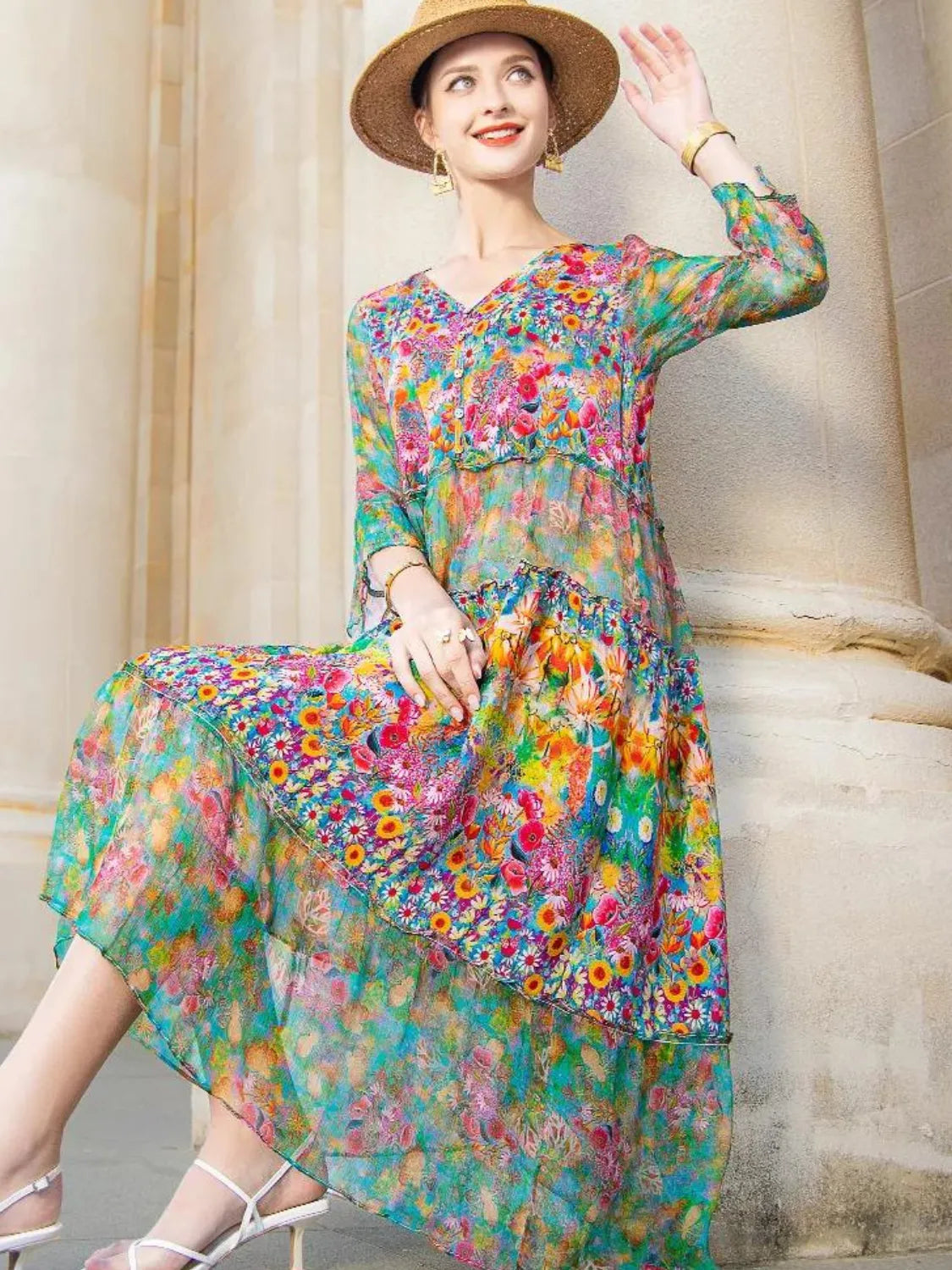Vestido Feminino Midi Estampado Floral de Chiffon - Keila