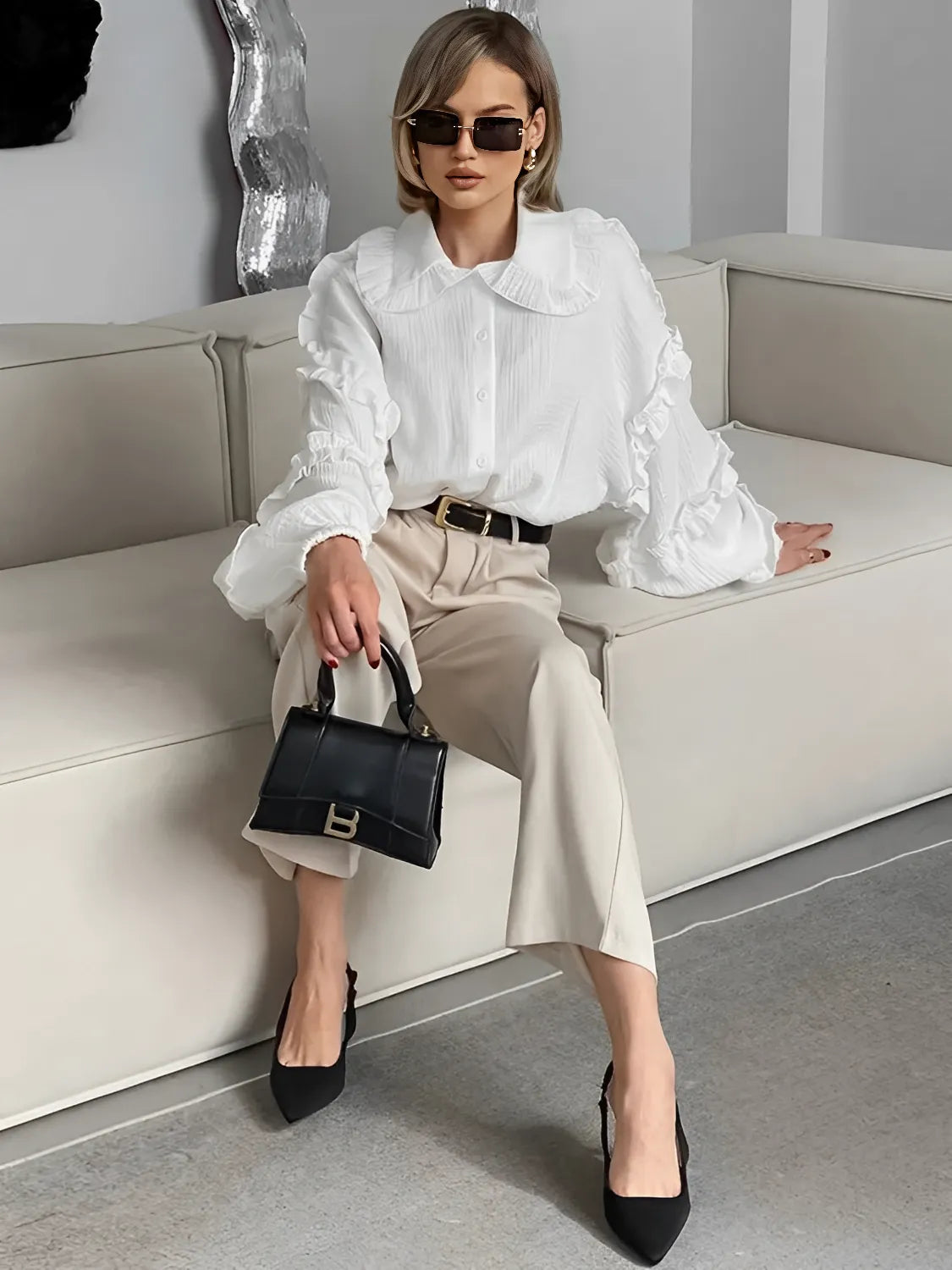 Camisa Feminina de Algodão com Babados nas Mangas e Gola - Chloe