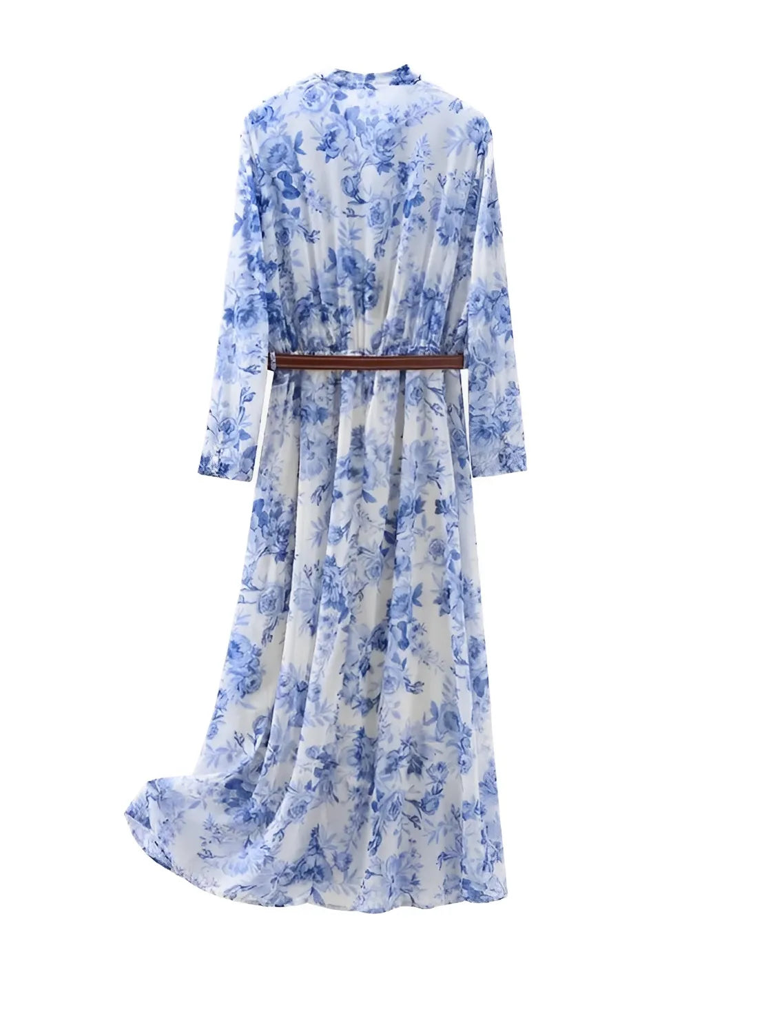 Vestido Feminino Midi Floral Azul em Chiffon com Aplique de Flores e Decote V - Sara