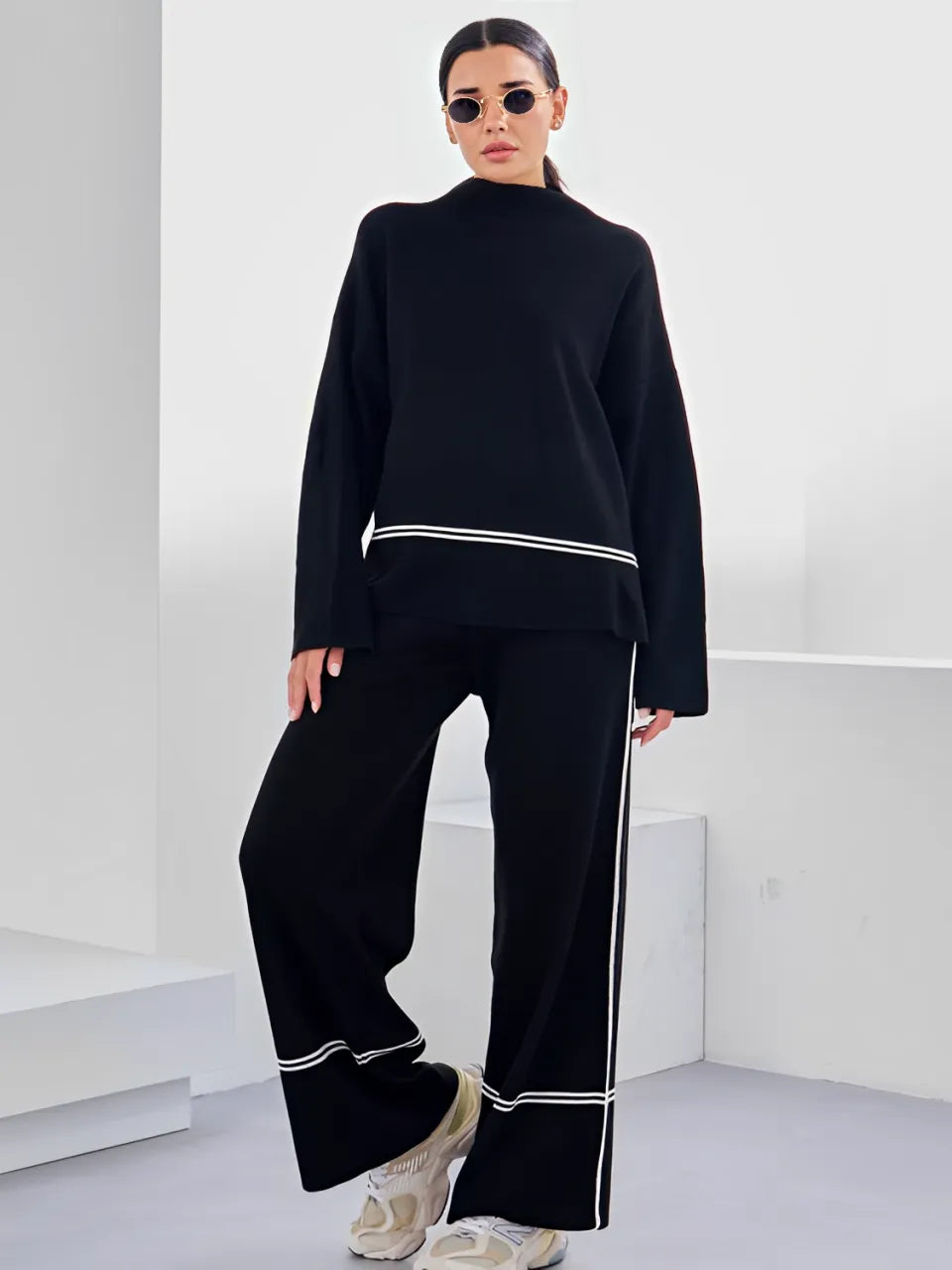Conjunto Feminino de Tricô com Suéter Mullet Gola Alta e Calça Cintura Alta Confortável - Kim [FRETE FULL]