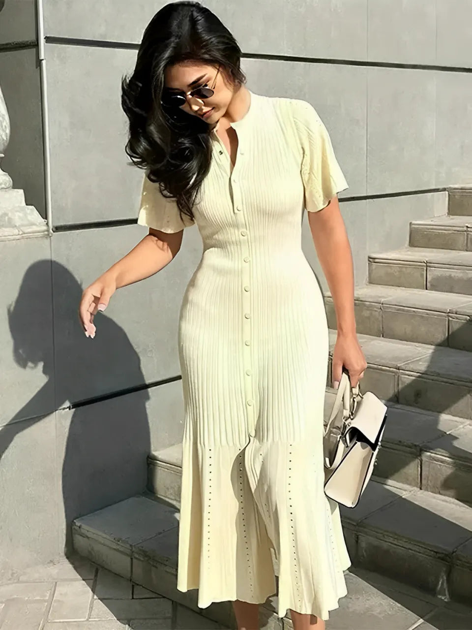 Vestido Feminino Tricô Midi Manga Curta com Abertura de Botões - Charlotte