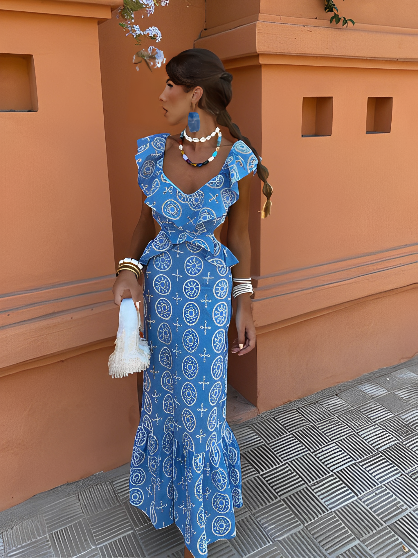 Vestido Feminino Longo Laise Recortes na Cintura e Babados - Catarina