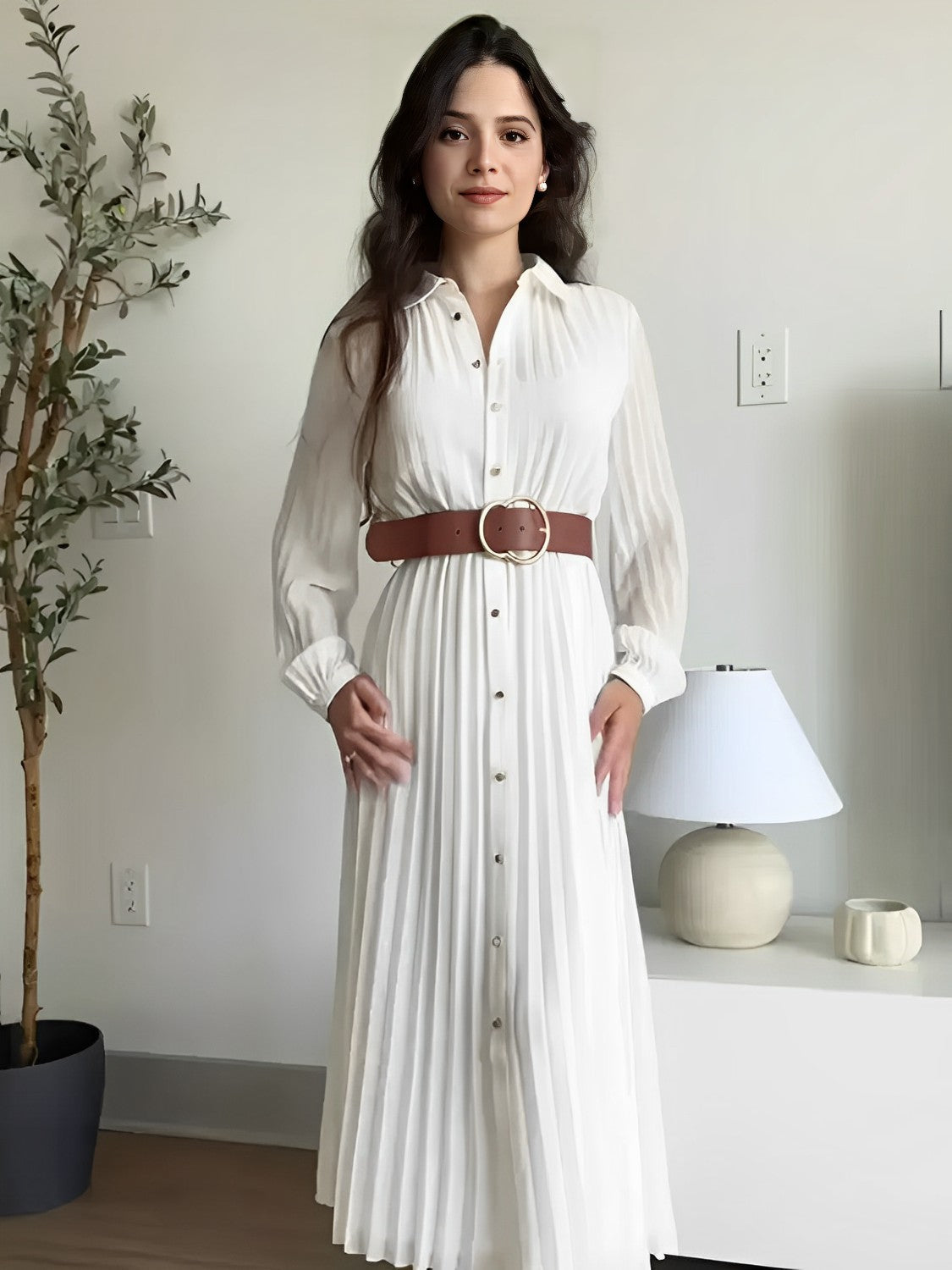Vestido Feminino Chemise Midi Plissado com Botões - Fleur