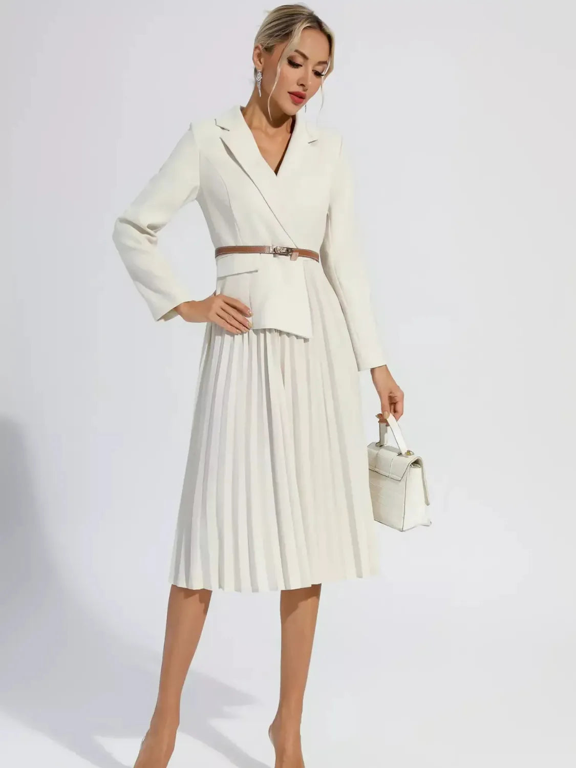 Vestido Feminino Alfaiataria Blazer com Saia Plissada e Cinto - Hana