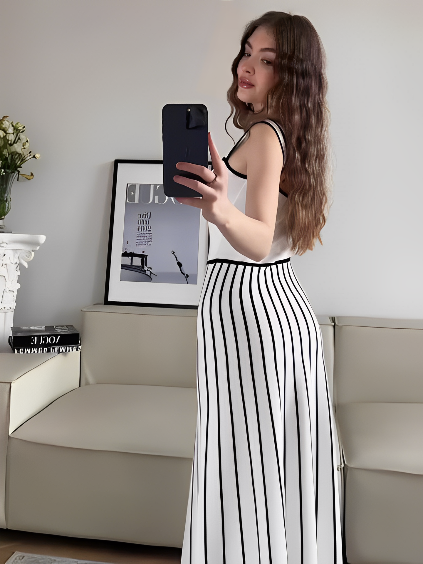 Vestido Feminino Midi Tricô Listrado Modelagem Evasê - Dandara