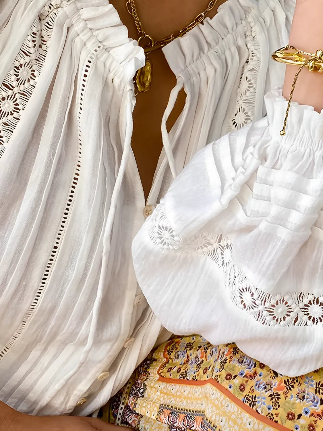 Blusa Feminina Romântica Boho com Gola em V e Mangas Puff - Liz