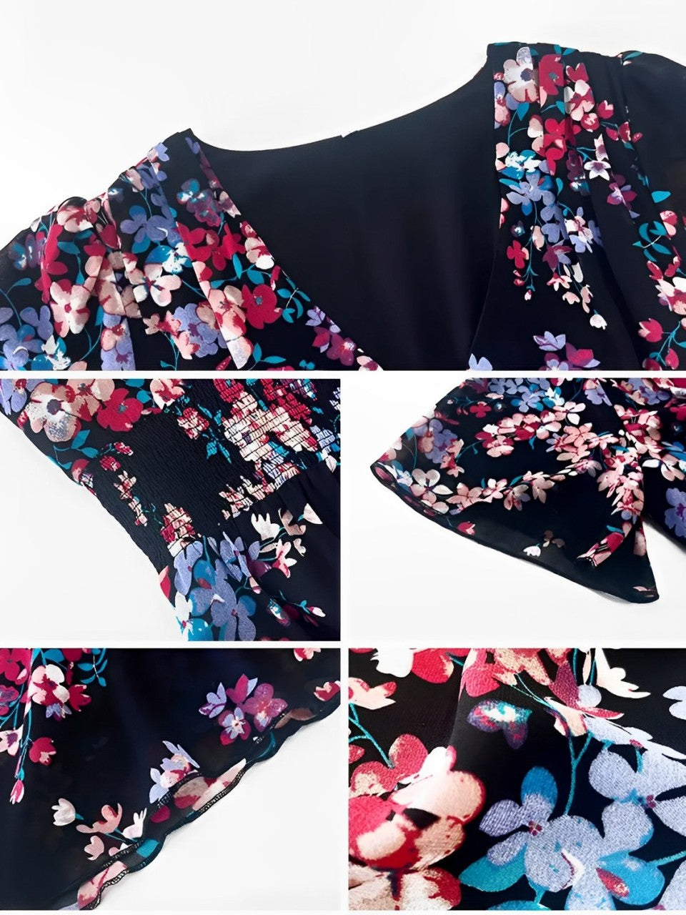 Vestido Feminino Midi Floral Fluido com Decote V e Mangas Curtas - Salma