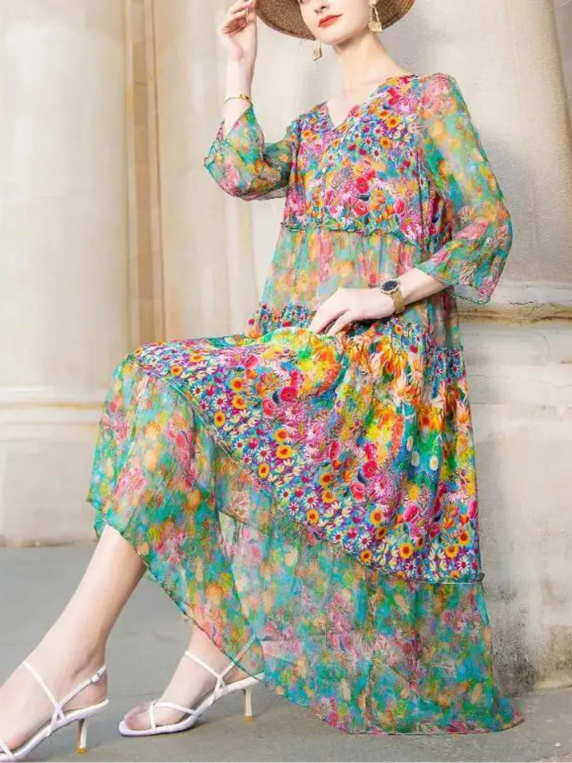Vestido Feminino Midi Estampado Floral de Chiffon - Keila