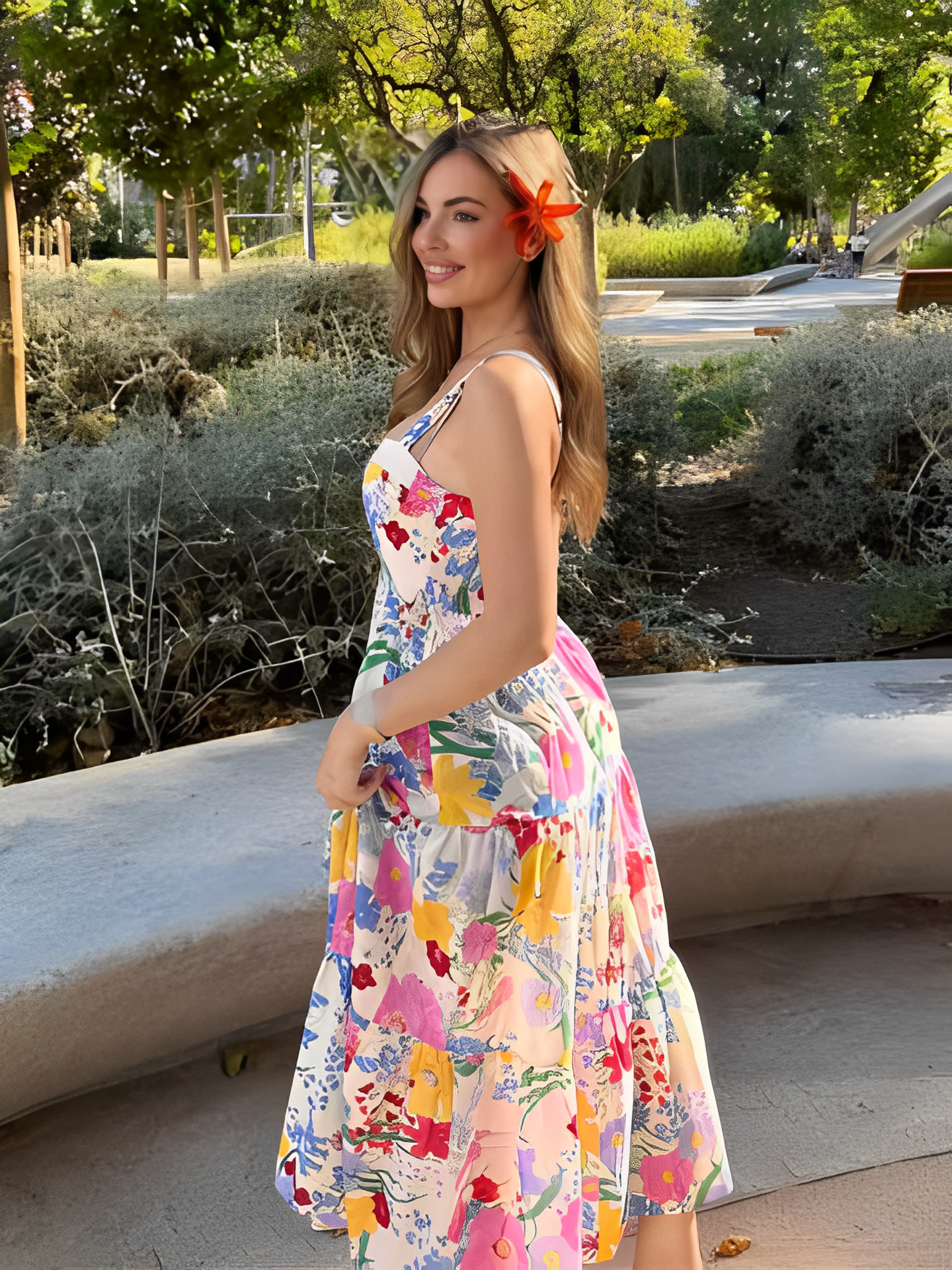 Vestido Feminino Longo Estampado Floral com Alças Finas e Decote Coração - Antonella