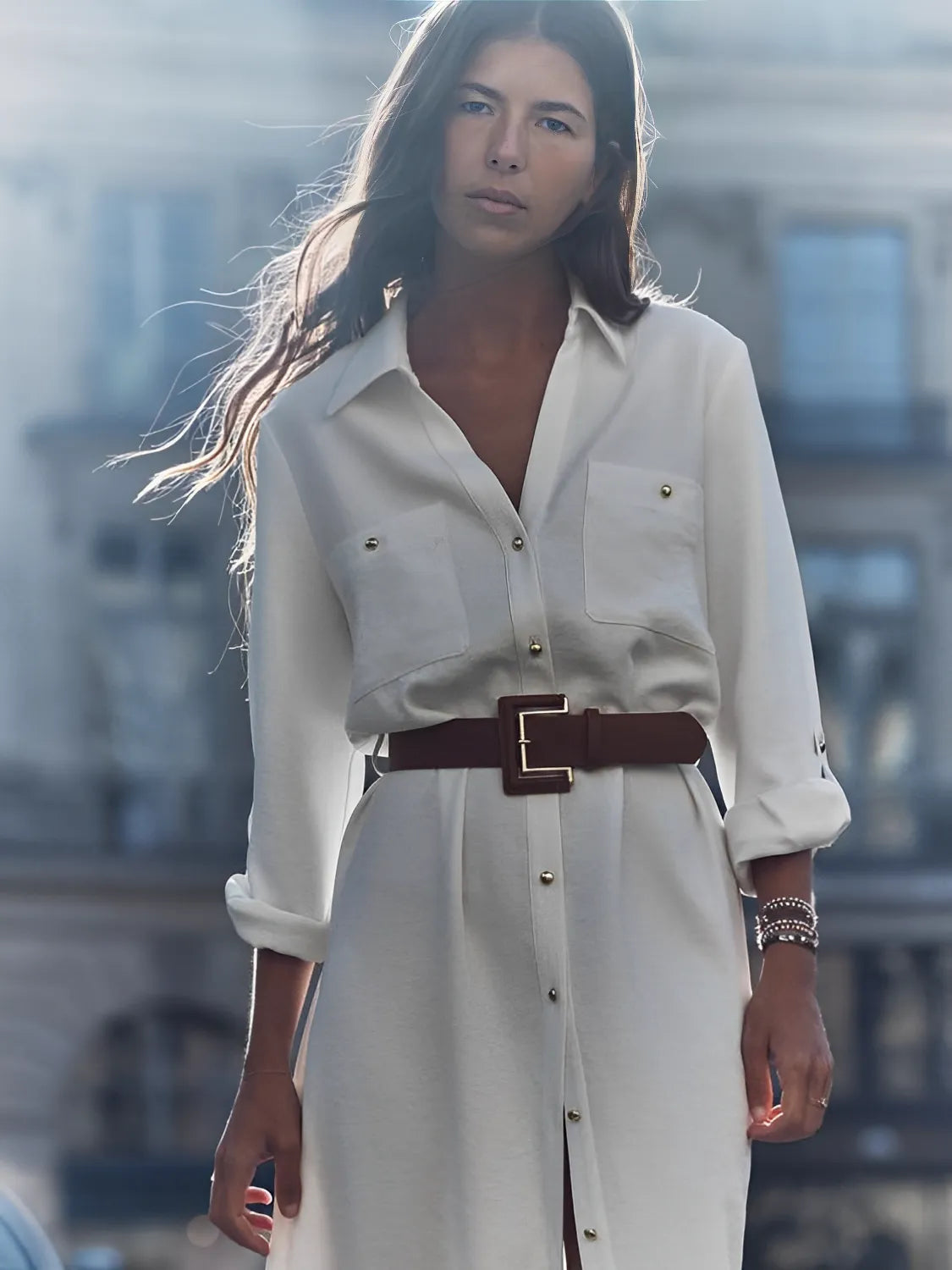 Vestido Feminino Chemise Decote em V com Abertura Frontal em Botões - Alexandra