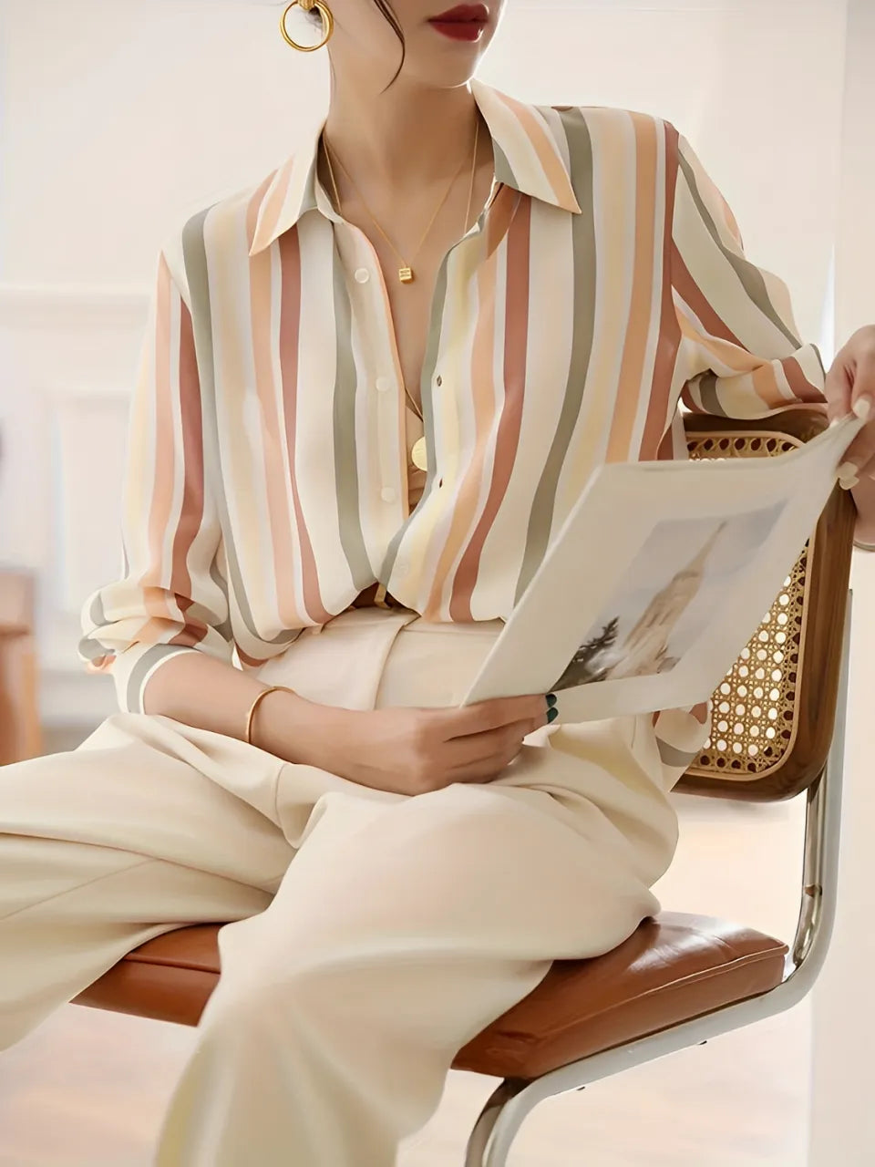 Camisa Feminina Social Listrada com Gola Clássica e Botões - Jasmine