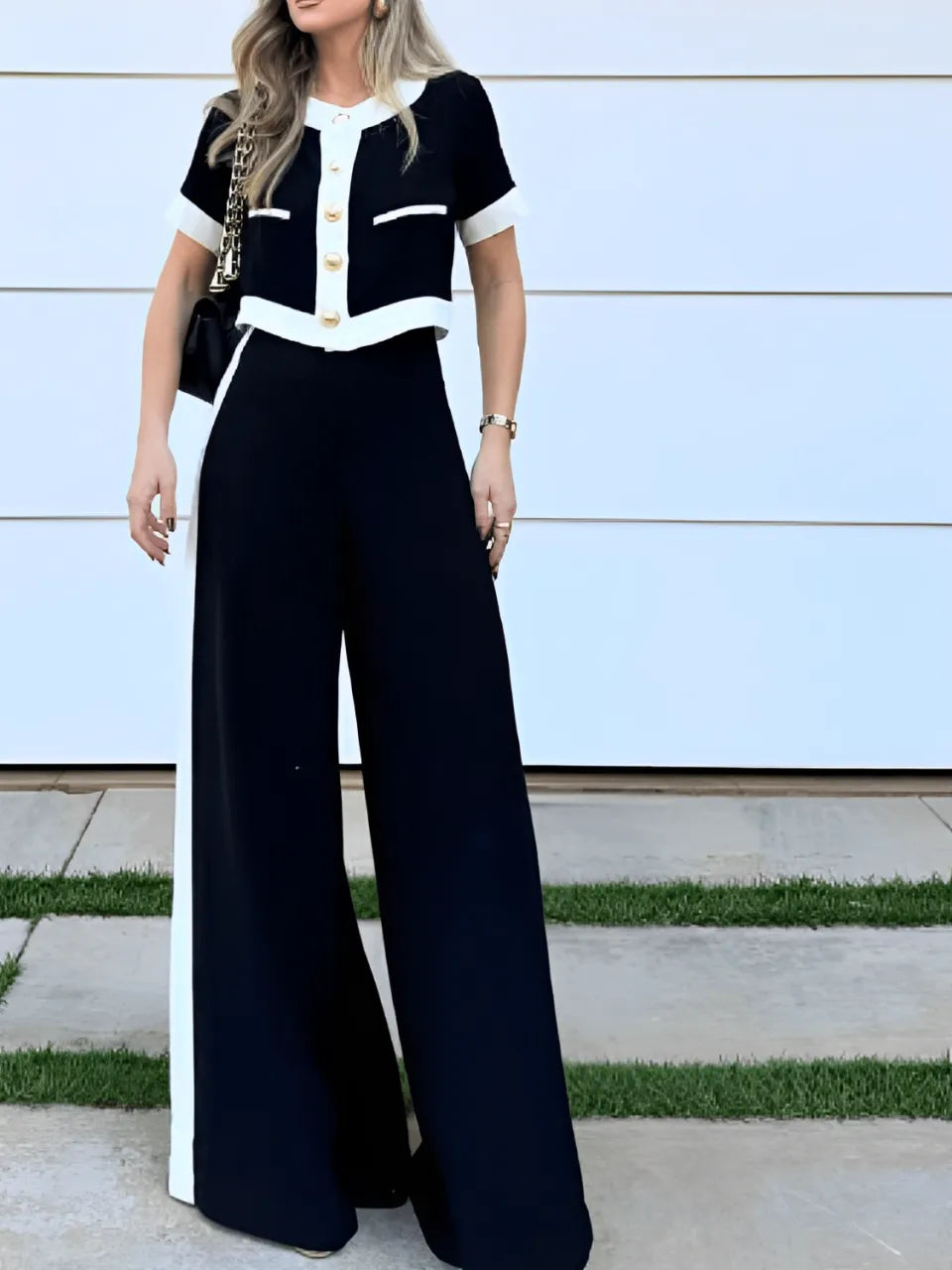 Conjunto Feminino Confortável Blusa Cropped com Botões e Calça de Cintura Alta - Victoria [FRETE FULL]