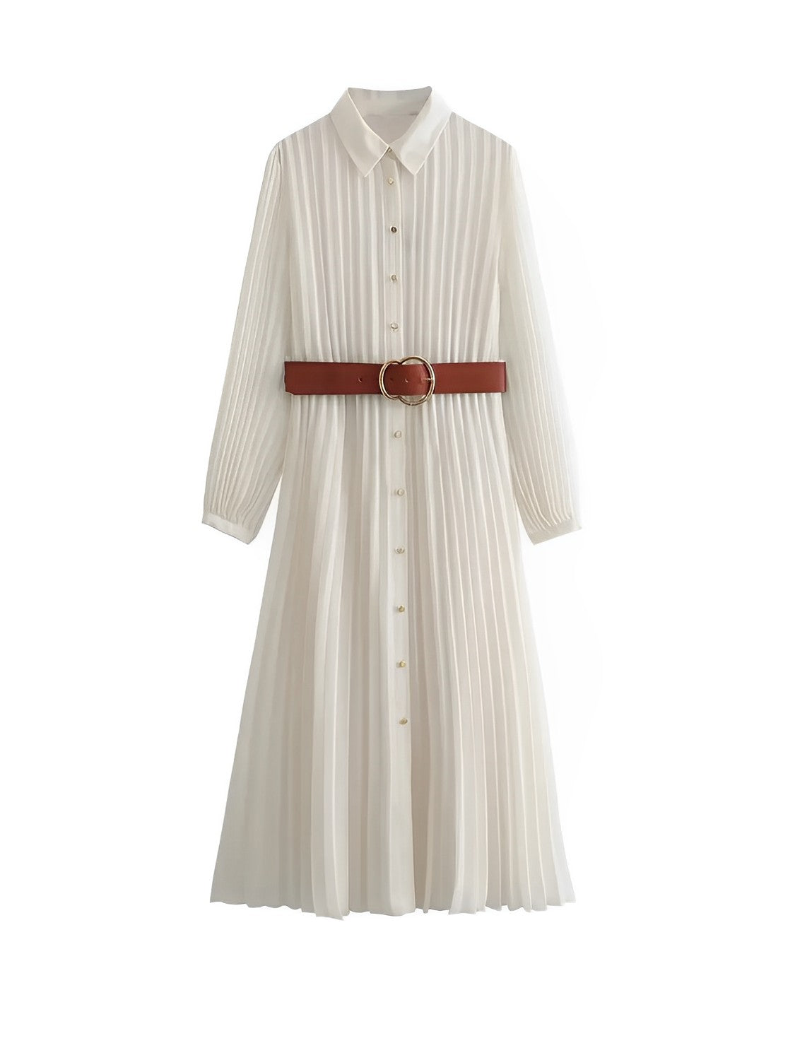 Vestido Feminino Chemise Midi Plissado com Botões - Fleur