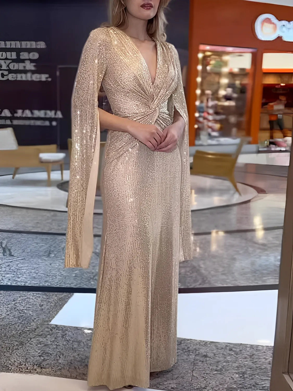 Vestido Feminino Longo de Festa Paêtes Decote em V e Nó na Cintura  - Dafne
