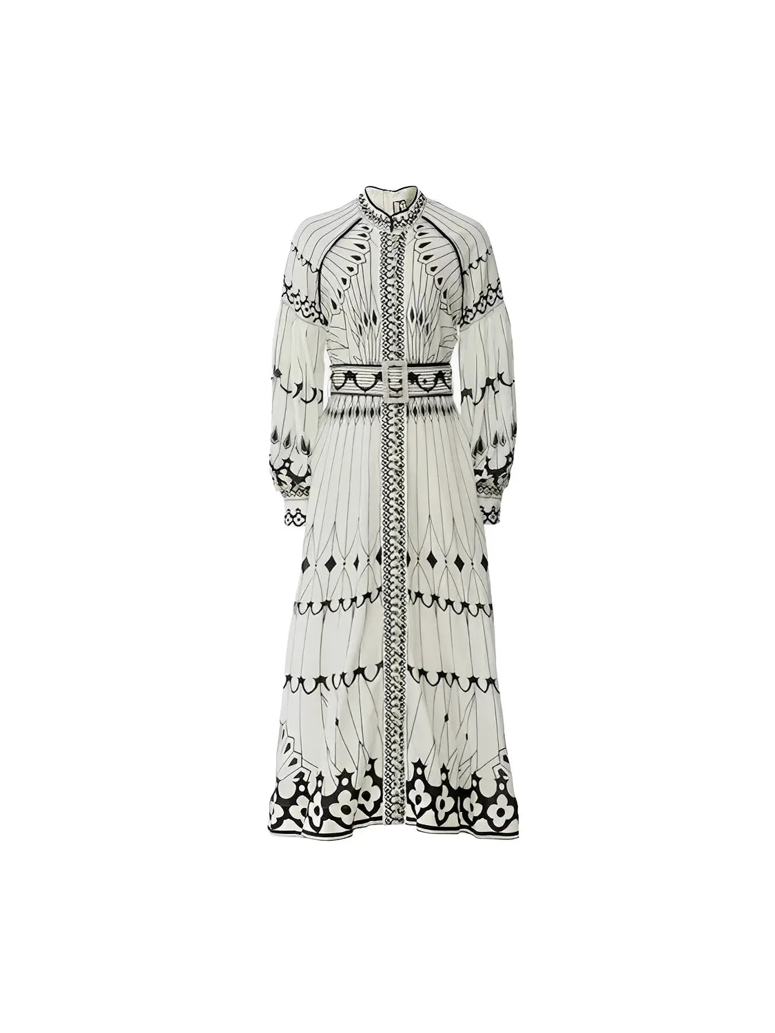 Vestido Feminino Midi Estampado Elegante com Gola Padre Cinto e Mangas Longas - Mia