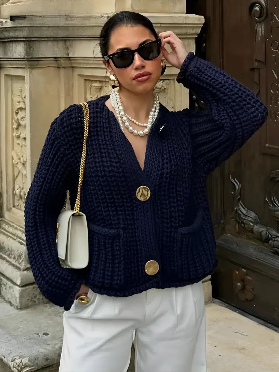 Cardigan Feminino de Tricô Ponto Grosso com Botões e Bolsos - Seraphine