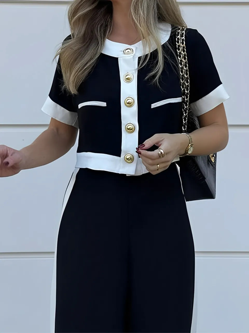 Conjunto Feminino Confortável Blusa Cropped com Botões e Calça de Cintura Alta - Victoria [FRETE FULL]