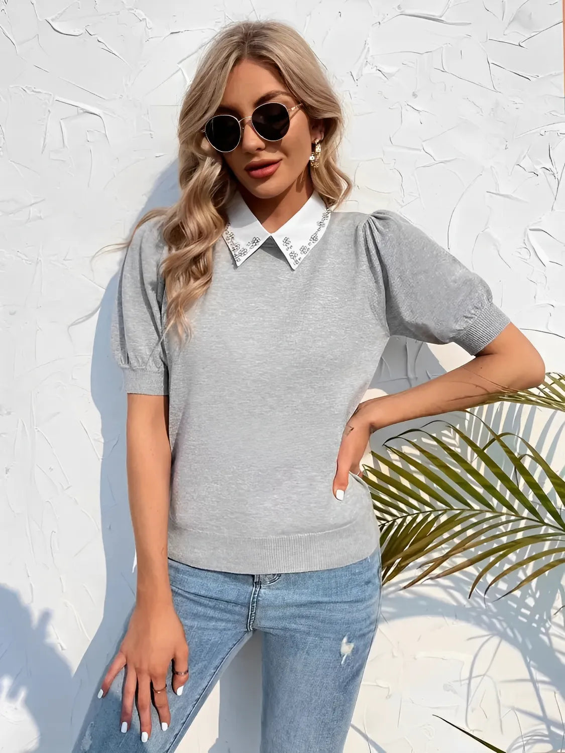 Blusa Feminina Gola Polo Bordada Mangas Bufantes - Laura