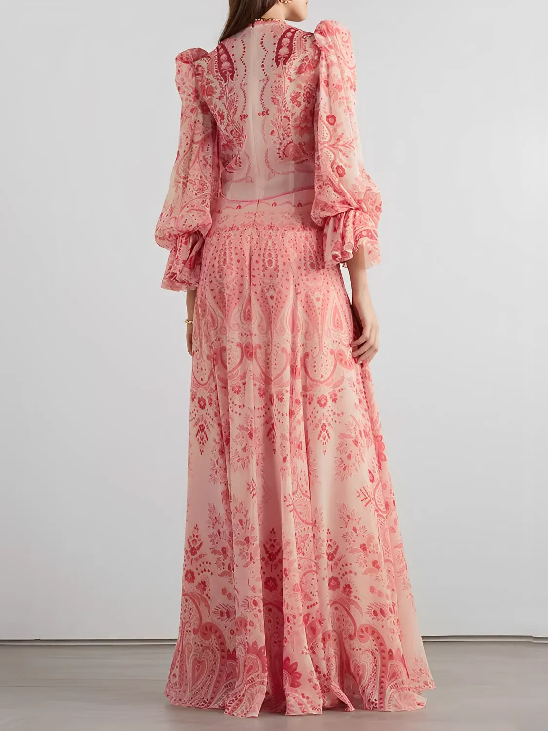 Vestido Feminino Longo Estampado de Manga Longa e Acinturado - Clarisse