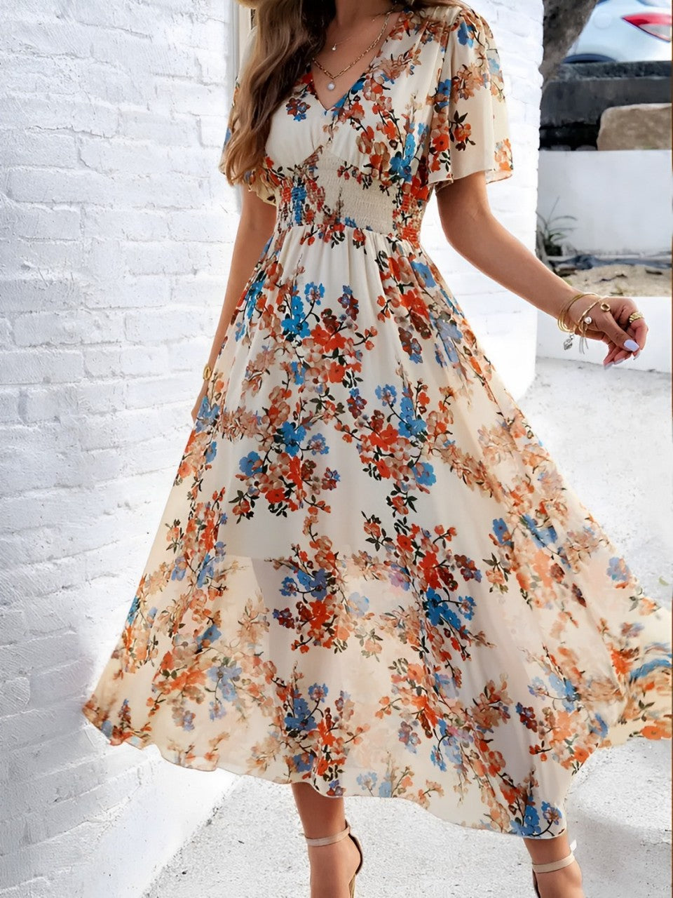 Vestido Feminino Midi Floral Fluido com Decote V e Mangas Curtas - Salma