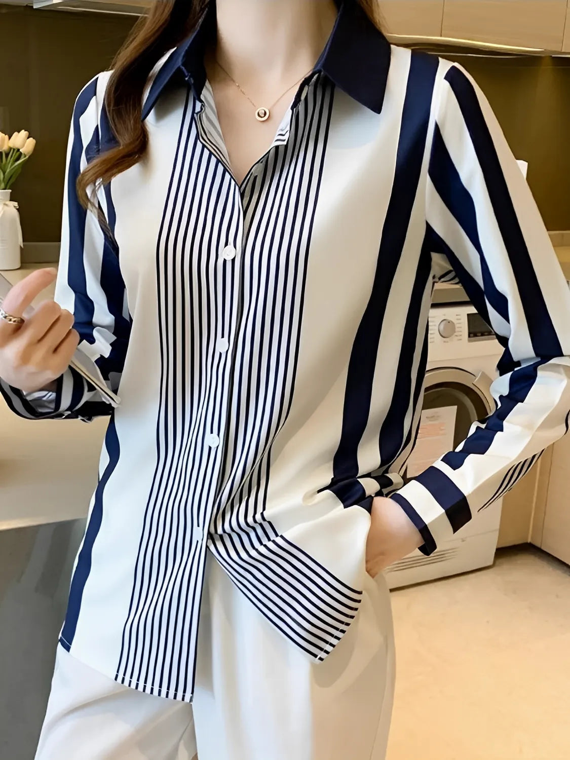 Camisa Feminina Listrada Elegante Casual - Rachel