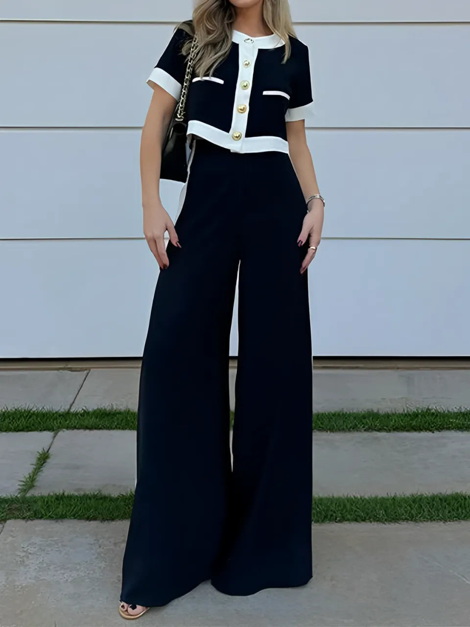 Conjunto Feminino Confortável Blusa Cropped com Botões e Calça de Cintura Alta - Victoria [FRETE FULL]