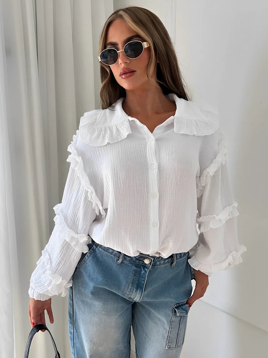 Camisa Feminina de Algodão com Babados nas Mangas e Gola - Chloe