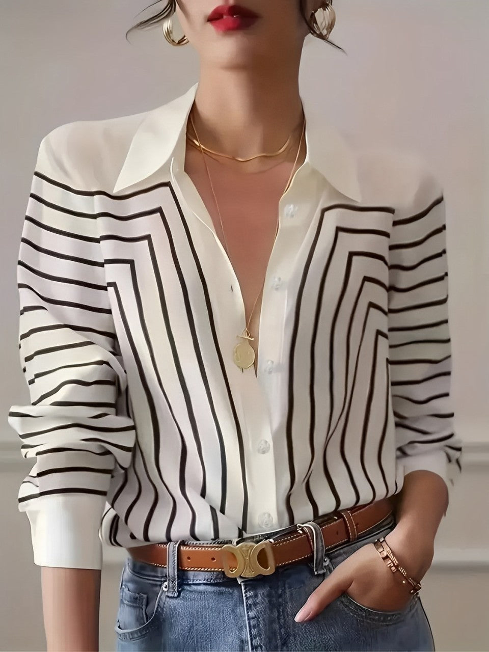 Camisa Feminina Elegante Listrada com Botões - Zaira