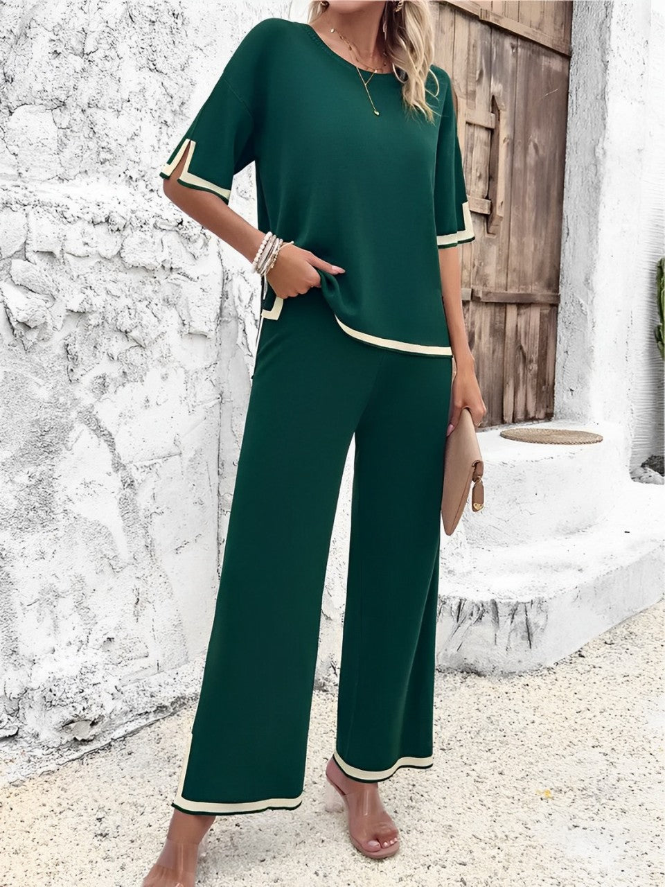Conjunto Feminino em Viscose com Blusa Mullet de Manga Curta e Calça Cintura Alta com Fenda na Barra - Mirtes