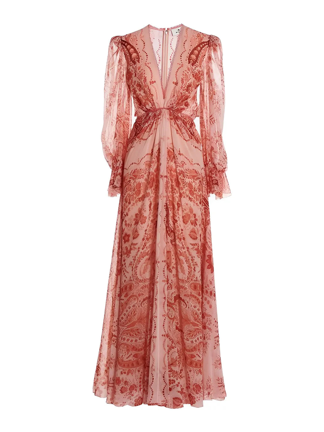 Vestido Feminino Longo Estampado de Manga Longa e Acinturado - Clarisse