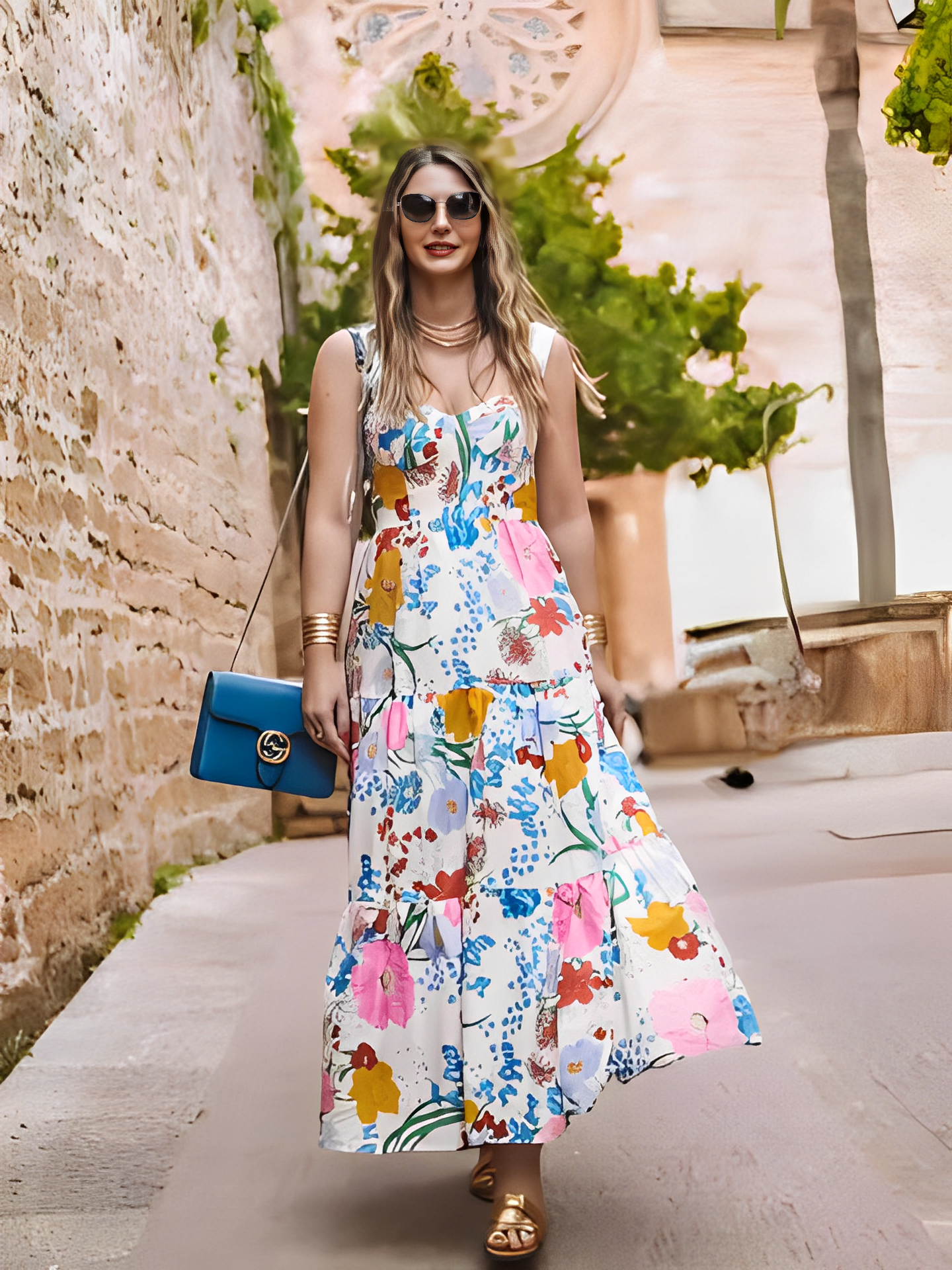Vestido Feminino Longo Estampado Floral com Alças Finas e Decote Coração - Antonella