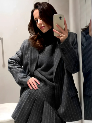 Blazer Feminino Oversized Riscas de Giz com Botões - Francine