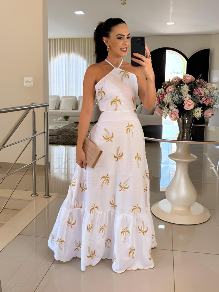 Vestido Feminino Longo Estampado com Amarração nas Costas e Babados - Kaia