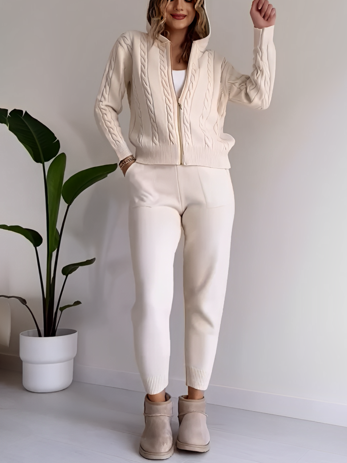 Conjunto Feminino de Tricô com Jaqueta Texturizada com Zíper e Calça Jogger de Cintura Elástica - Ciara [ FRETE FULL]