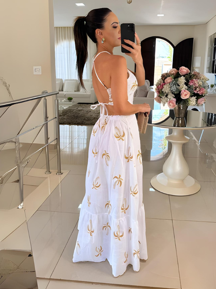 Vestido Feminino Longo Estampado com Amarração nas Costas e Babados - Kaia