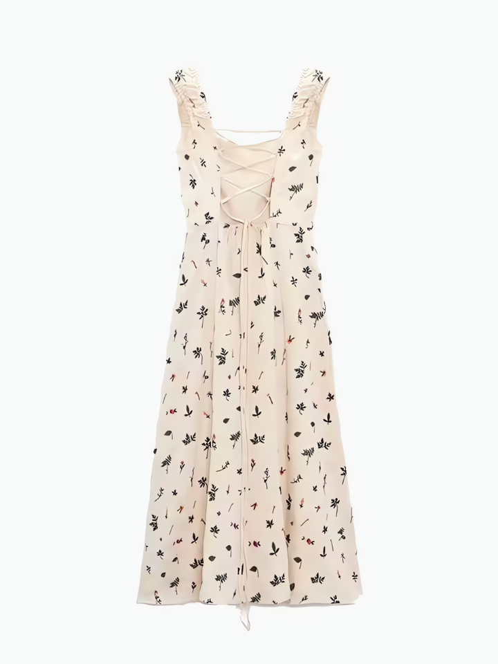Vestido Feminino Midi de Linho com Estampa Floral e Amarração nas Costas - Malu