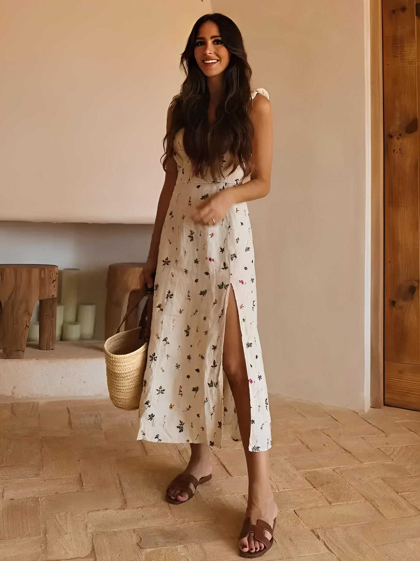 Vestido Feminino Midi de Linho com Estampa Floral e Amarração nas Costas - Malu
