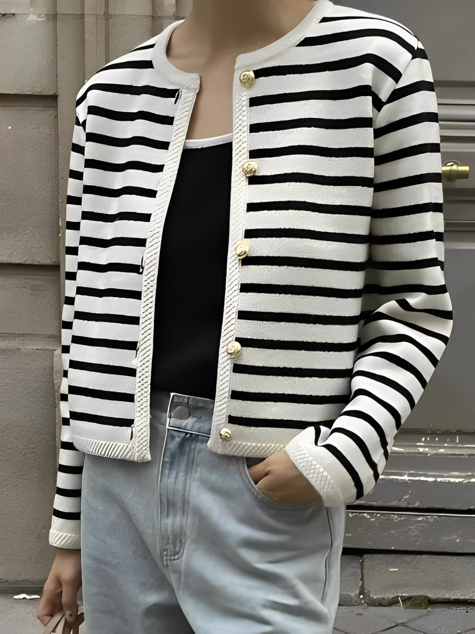Conjunto Feminino Listrado de Cardigan com Botões e Shorts - Caroline [FRETE FULL]