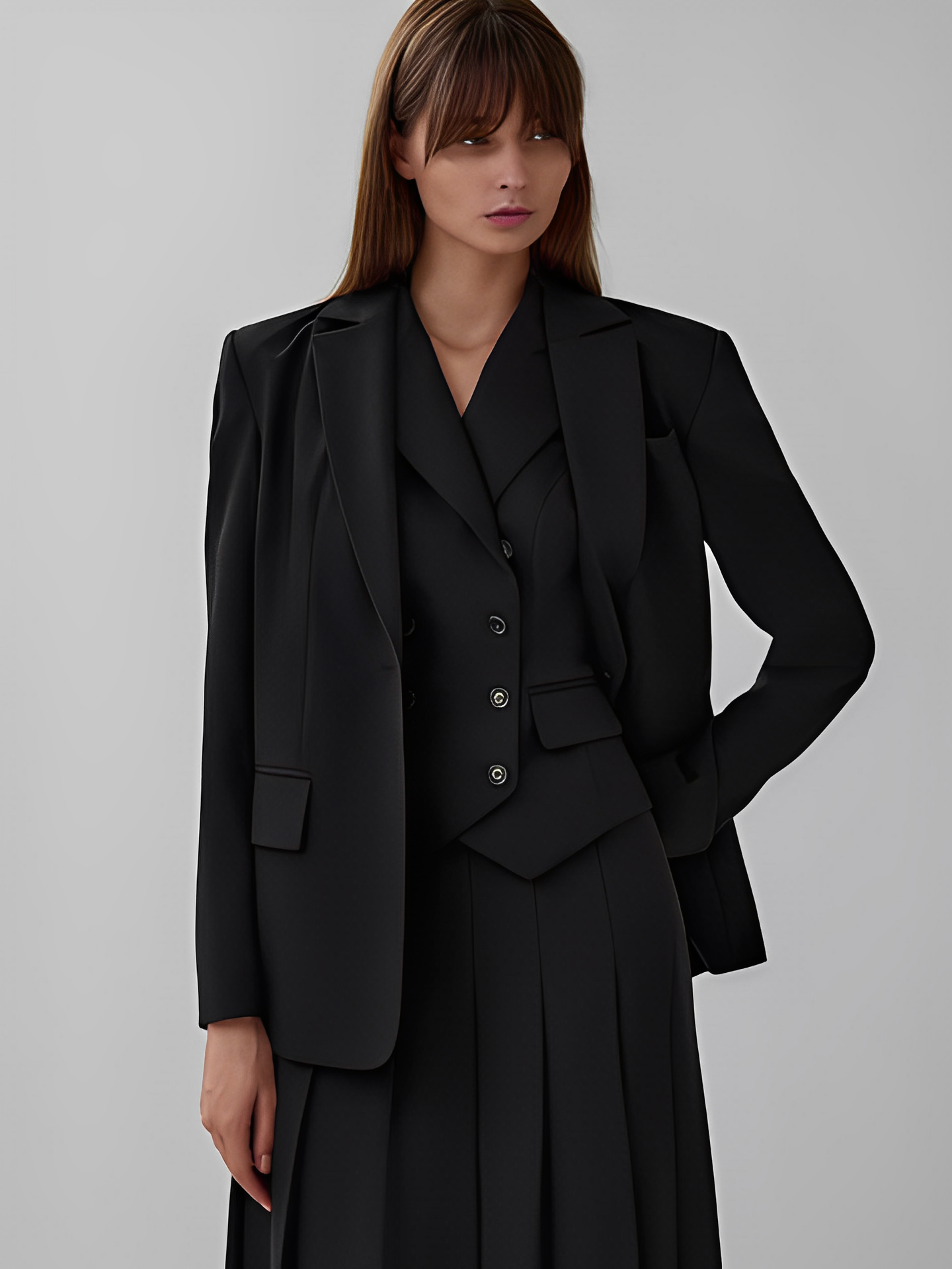 Conjunto Feminino de Alfaiataria com  Colete Clássico e Saia Midi Plissada - Lizandra