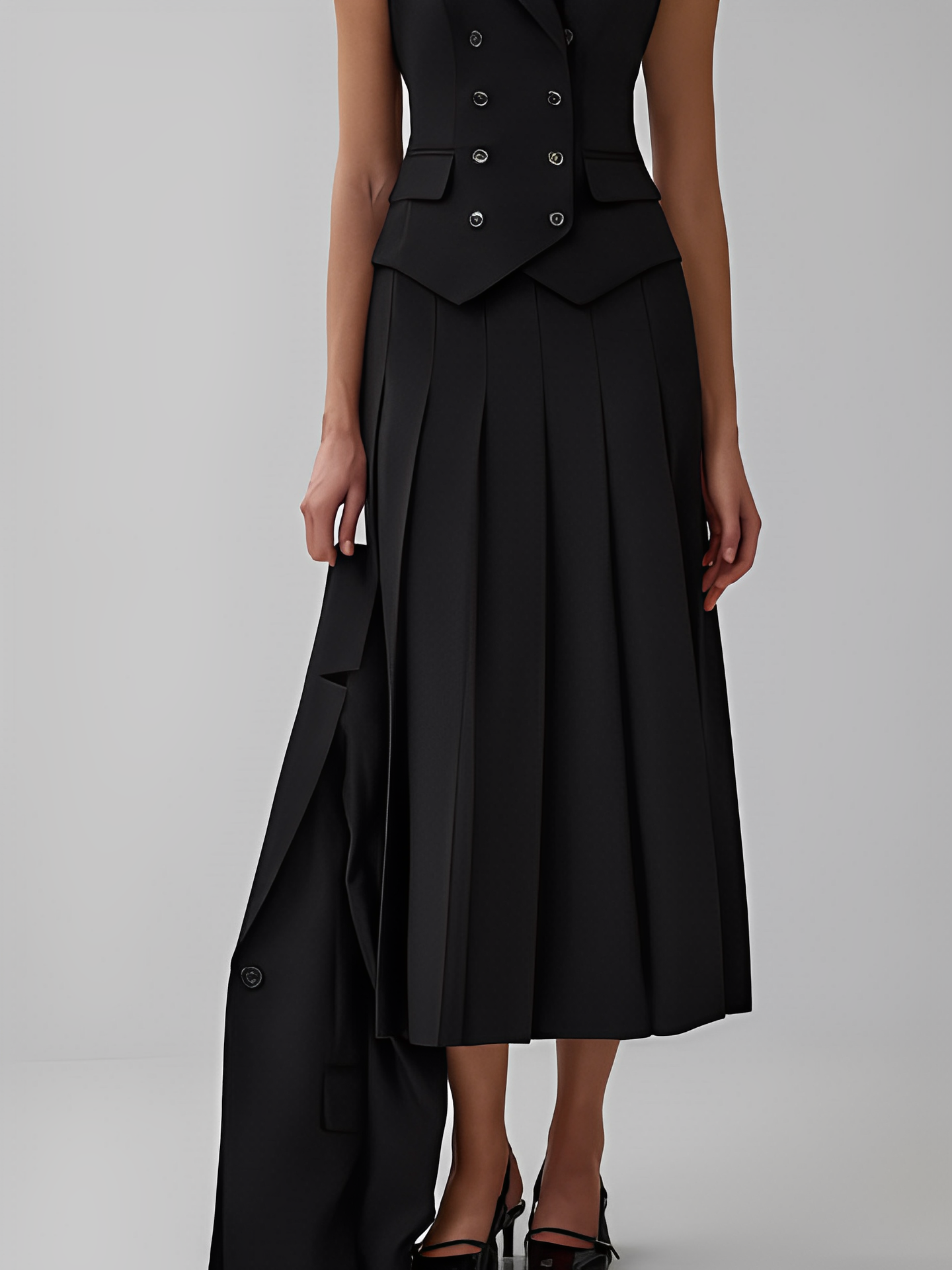 Conjunto Feminino de Alfaiataria com  Colete Clássico e Saia Midi Plissada - Lizandra