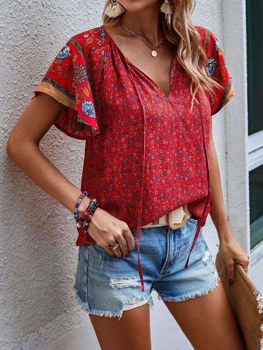 Blusa Feminina de Viscose com Mangas Borboleta e Estampa Floral - Tereza