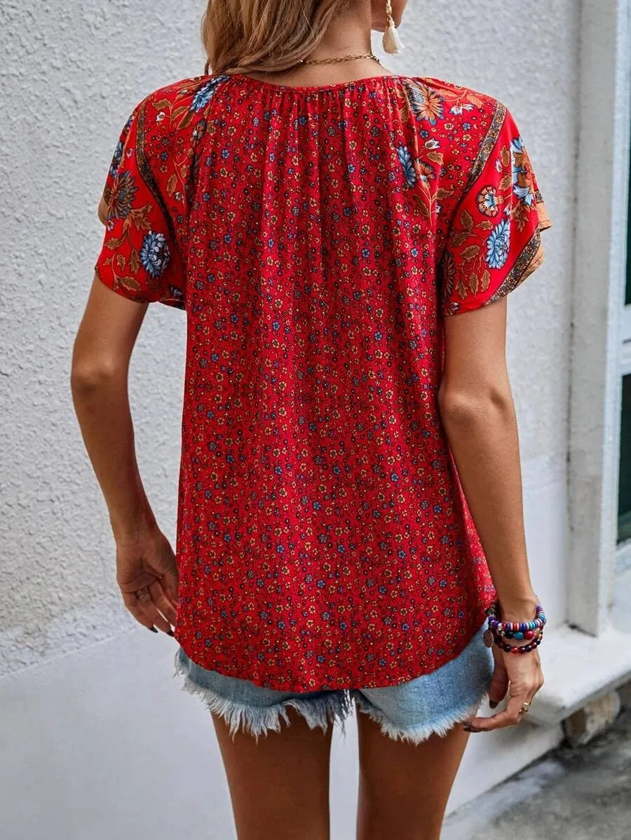 Blusa Feminina de Viscose com Mangas Borboleta e Estampa Floral - Tereza