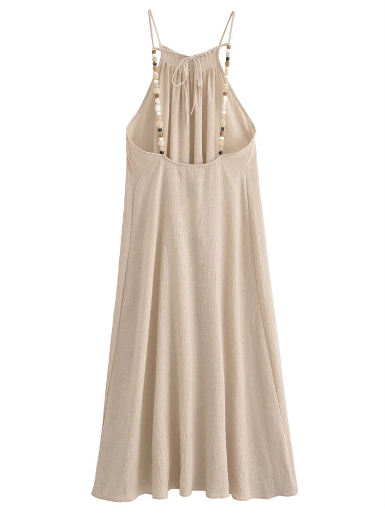 Vestido Feminino Longo em Linho com Pedrarias e Amarração nas Costas - Athena