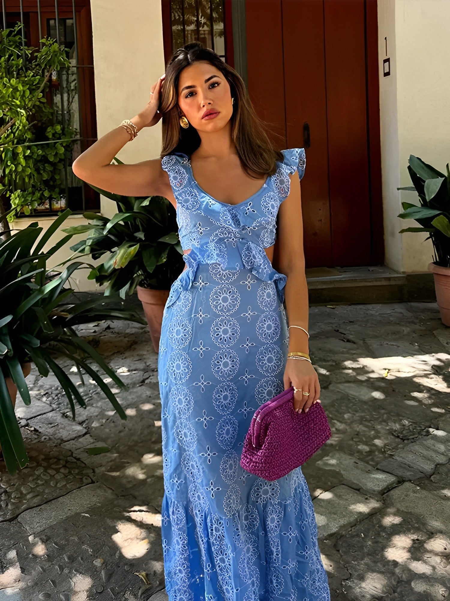 Vestido Feminino Longo Laise Recortes na Cintura e Babados - Catarina